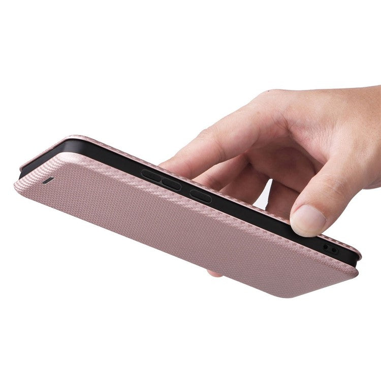 For Realme C30 4G Magnetic Auto Closing Carbon Fiber Texture Phone Case PU Leather Card Holder Cover with Ring Stand - Rose Gold