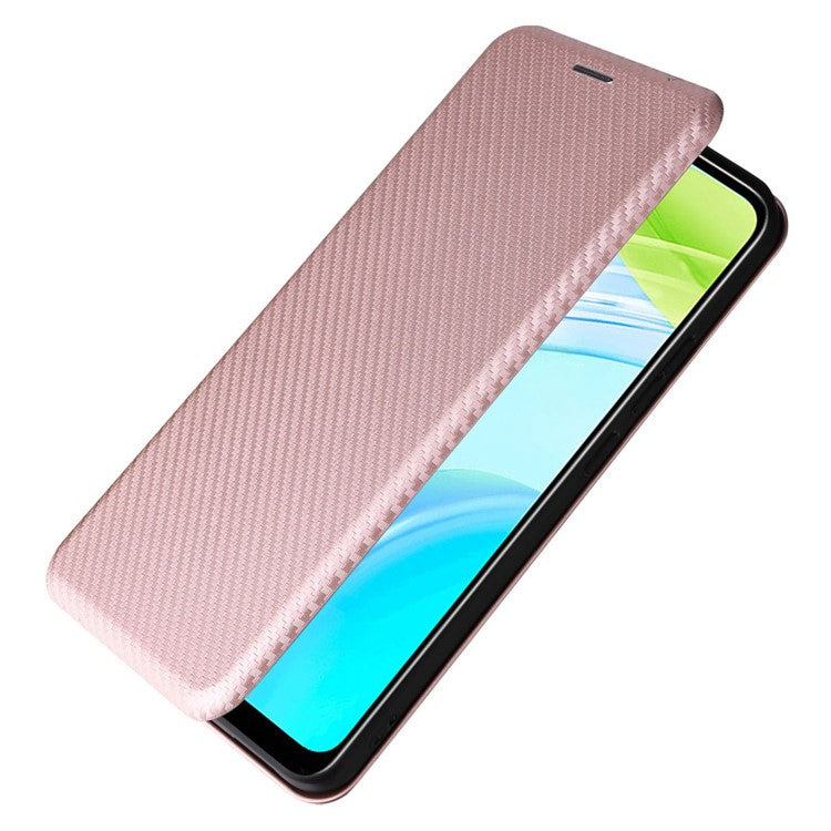 For Realme C30 4G Magnetic Auto Closing Carbon Fiber Texture Phone Case PU Leather Card Holder Cover with Ring Stand - Rose Gold