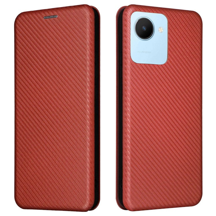 For Realme C30 4G Magnetic Auto Closing Carbon Fiber Texture Phone Case PU Leather Card Holder Cover with Ring Stand - Brown