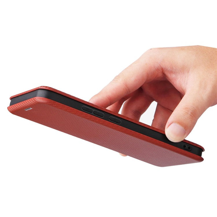 For Realme C30 4G Magnetic Auto Closing Carbon Fiber Texture Phone Case PU Leather Card Holder Cover with Ring Stand - Brown