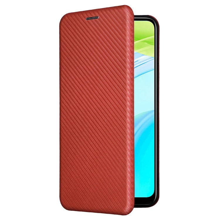 For Realme C30 4G Magnetic Auto Closing Carbon Fiber Texture Phone Case PU Leather Card Holder Cover with Ring Stand - Brown