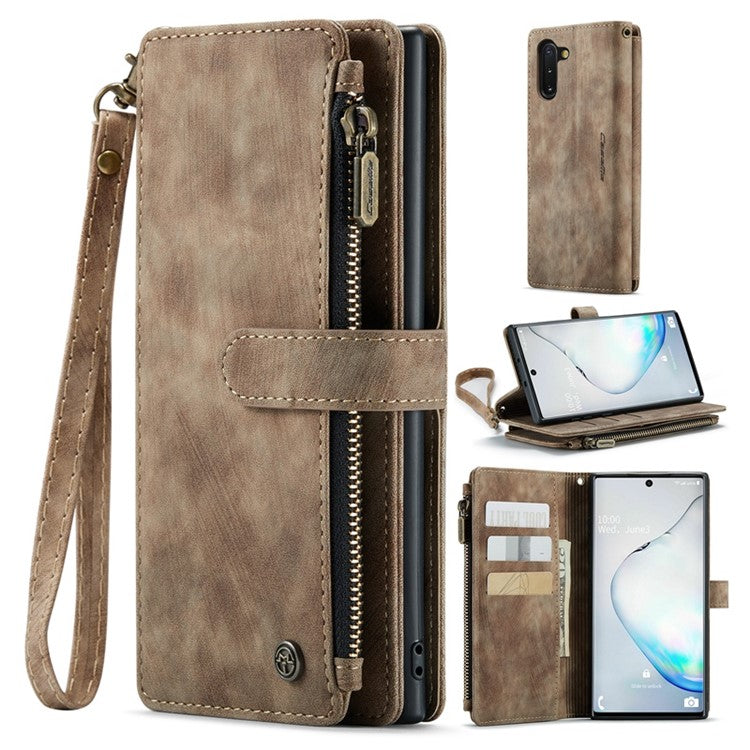 CASEME C30 Series for Samsung Galaxy Note 10 5G / 4G Anti-fall Zipper Pocket Wallet Cover with Strap Auto-Magnetic Stand Phone Flip Leather Case Card Holder - Brown
