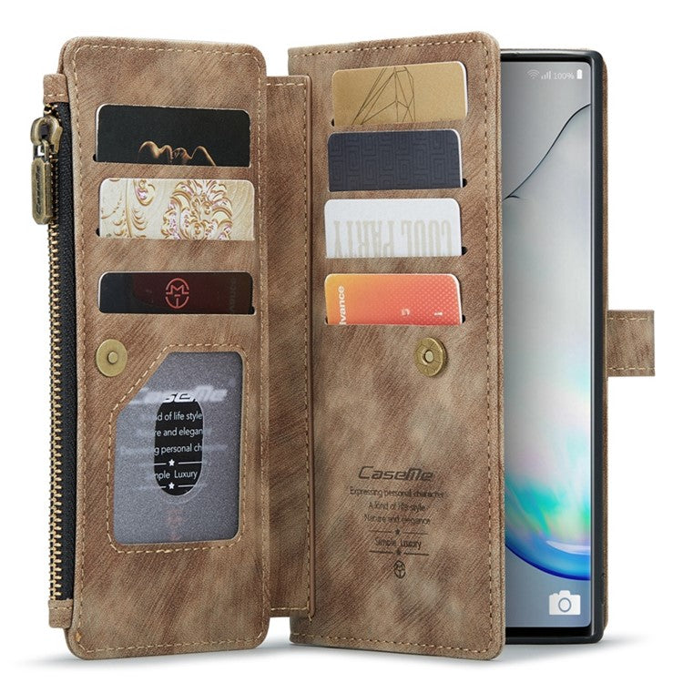 CASEME C30 Series for Samsung Galaxy Note 10 5G / 4G Anti-fall Zipper Pocket Wallet Cover with Strap Auto-Magnetic Stand Phone Flip Leather Case Card Holder - Brown