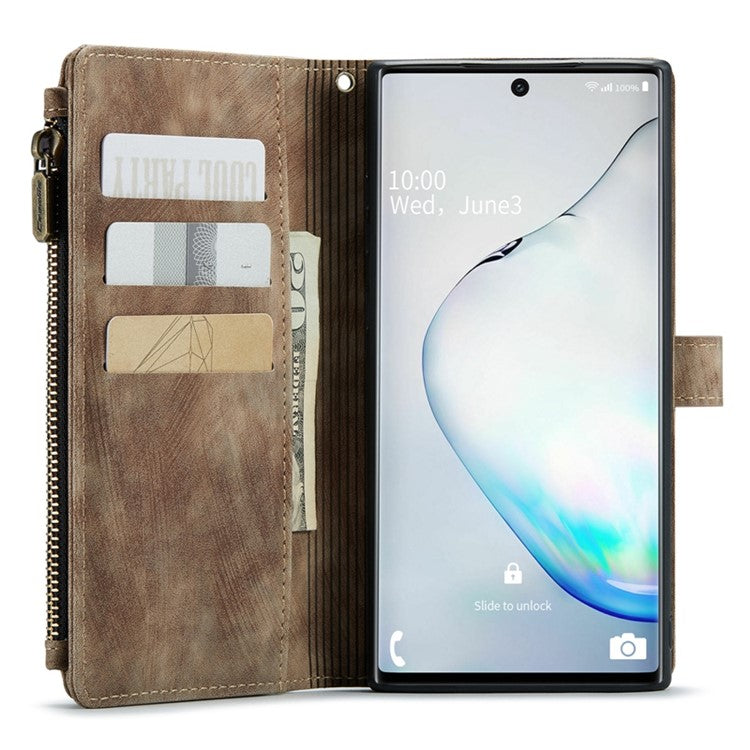 CASEME C30 Series for Samsung Galaxy Note 10 5G / 4G Anti-fall Zipper Pocket Wallet Cover with Strap Auto-Magnetic Stand Phone Flip Leather Case Card Holder - Brown