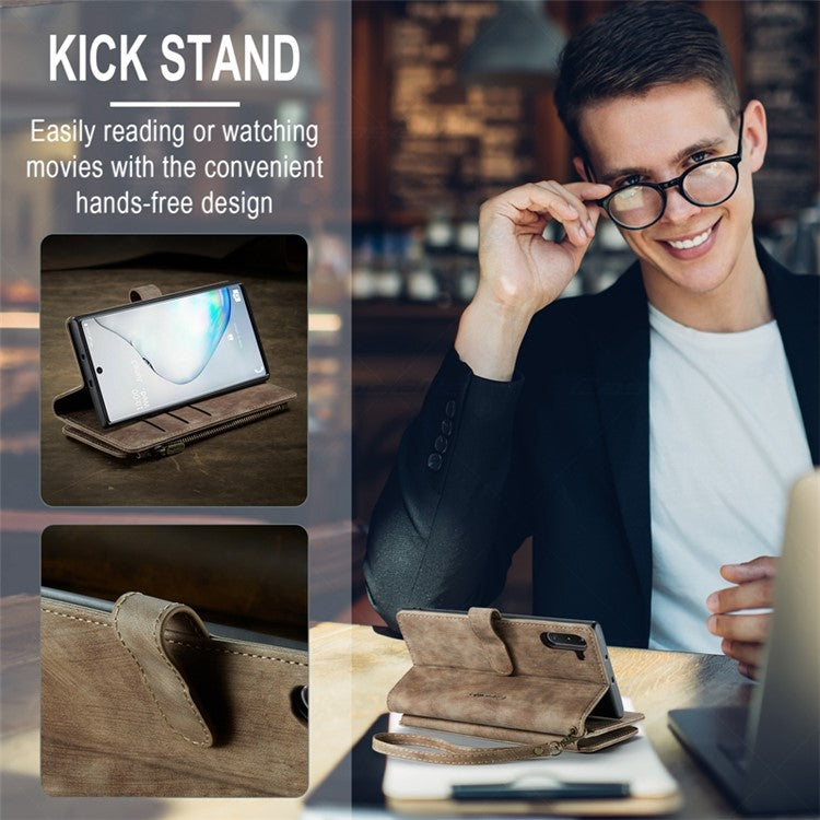 CASEME C30 Series for Samsung Galaxy Note 10 5G / 4G Anti-fall Zipper Pocket Wallet Cover with Strap Auto-Magnetic Stand Phone Flip Leather Case Card Holder - Brown