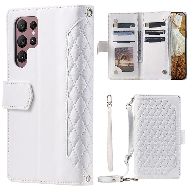 005 Style For Samsung Galaxy S22 Ultra 5G, Shockproof Phone Wallet Cover Zipper Pocket Anti-wear Case Rhombus Texture PU Leather Shell Stand with Strap Card Holder - White