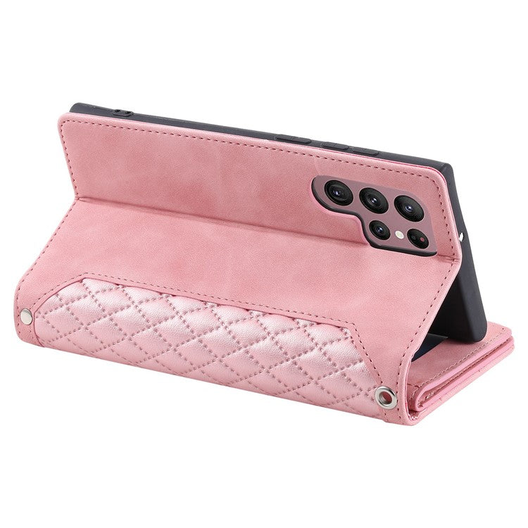 005 Style For Samsung Galaxy S22 Ultra 5G, Shockproof Phone Wallet Cover Zipper Pocket Anti-wear Case Rhombus Texture PU Leather Shell Stand with Strap Card Holder - Pink