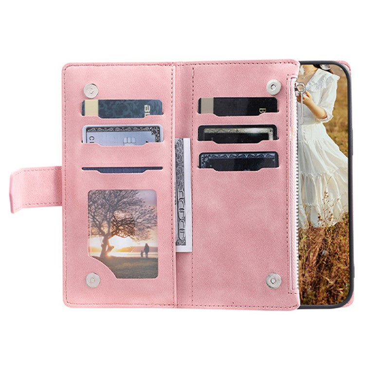 005 Style For Samsung Galaxy S21 Ultra 5G, Full Protection Phone Wallet Cover Zipper Pocket Case Rhombus Texture PU Leather Shell Stand with Strap Card Holder - Pink