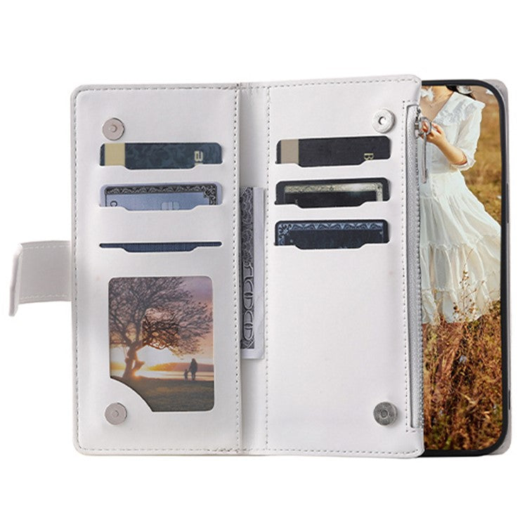 005 Style For Samsung Galaxy S21 FE 5G, Anti-scratch Zipper Pocket Phone Cover Rhombus Texture PU Leather Anti-fall Wallet Case Stand with Strap Card Holder - White