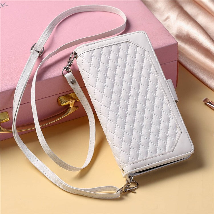 005 Style For Samsung Galaxy S21 FE 5G, Anti-scratch Zipper Pocket Phone Cover Rhombus Texture PU Leather Anti-fall Wallet Case Stand with Strap Card Holder - White