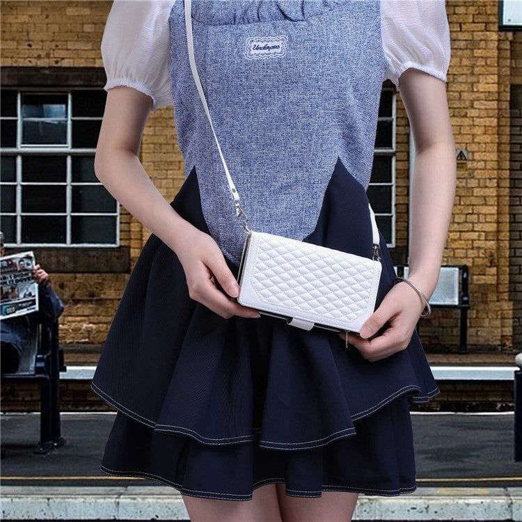 005 Style For Samsung Galaxy S22 5G, Anti-fall Rhombus Texture PU Leather Phone Case Zipper Pocket Wallet Stand Protective Phone Shell with Strap - White