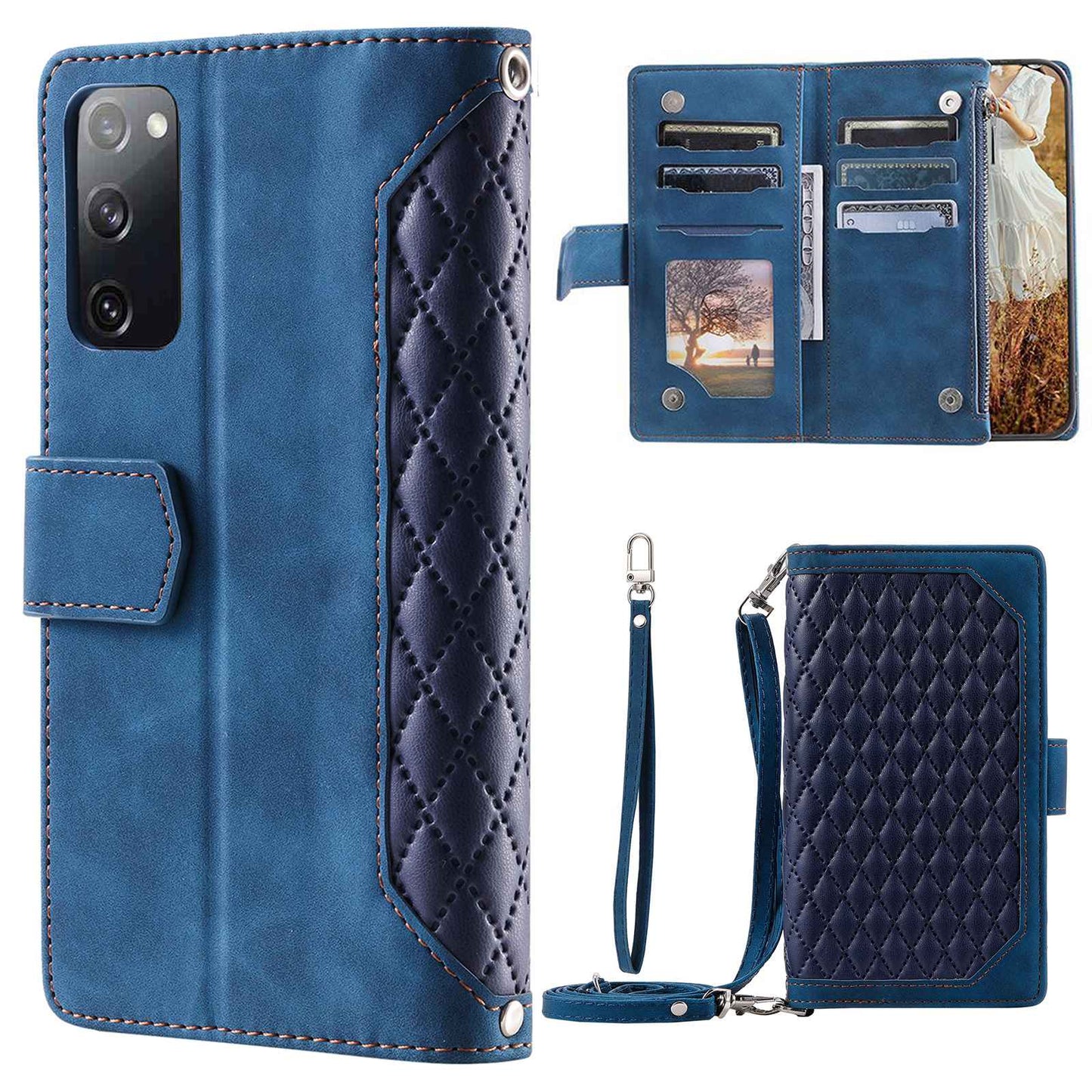 005 Style For Samsung Galaxy S20 FE 4G / 5G / S20 FE 2022 / S20 Lite, PU Leather Anti-scratch Rhombus Texture Phone Case Zipper Pocket Wallet Stand Cover with Lanyard / Strap - Blue