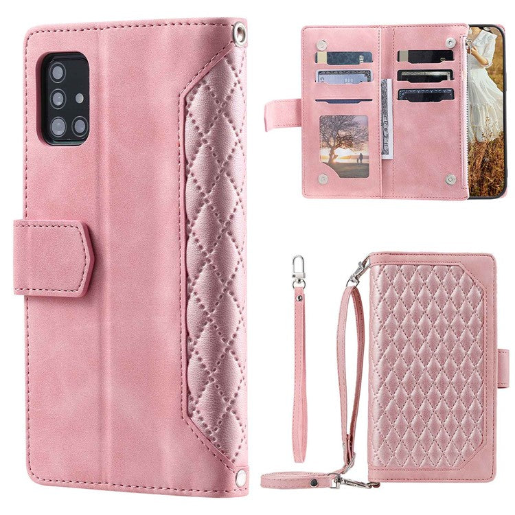 005 Style For Samsung Galaxy A71 4G SM-A715, PU Leather Anti-wear Rhombus Texture Phone Case Zipper Pocket Wallet Stand Protector with Strap - Pink