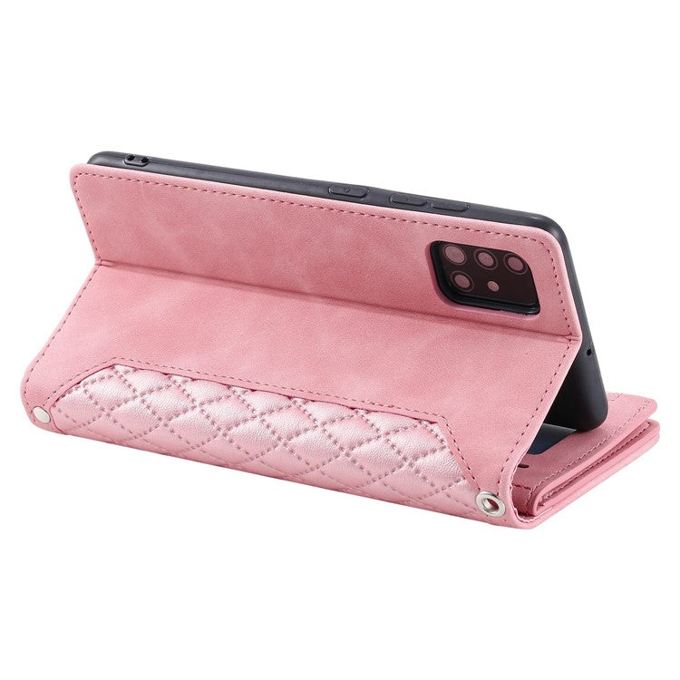 005 Style For Samsung Galaxy A71 4G SM-A715, PU Leather Anti-wear Rhombus Texture Phone Case Zipper Pocket Wallet Stand Protector with Strap - Pink