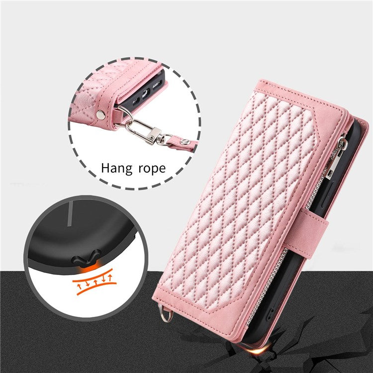 005 Style For Samsung Galaxy A71 4G SM-A715, PU Leather Anti-wear Rhombus Texture Phone Case Zipper Pocket Wallet Stand Protector with Strap - Pink