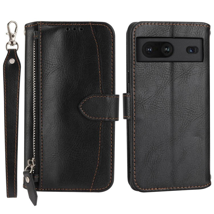 For Google Pixel 7 5G Stand Wallet PU Leather + TPU Phone Case Zipper Pocket Magnetic Closing Shell with Long / Short Straps - Black