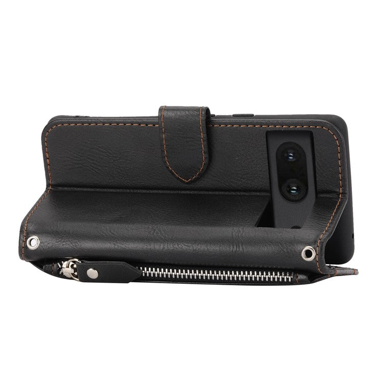 For Google Pixel 7 5G Stand Wallet PU Leather + TPU Phone Case Zipper Pocket Magnetic Closing Shell with Long / Short Straps - Black