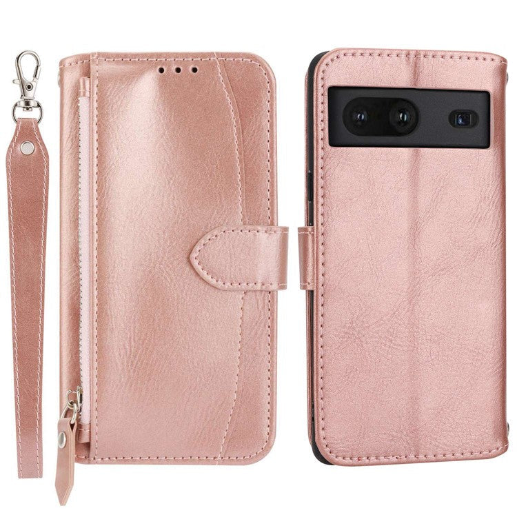 For Google Pixel 7 5G Stand Wallet PU Leather + TPU Phone Case Zipper Pocket Magnetic Closing Shell with Long / Short Straps - Rose Gold