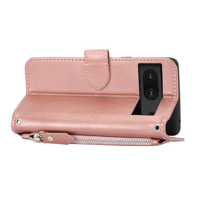 For Google Pixel 7 5G Stand Wallet PU Leather + TPU Phone Case Zipper Pocket Magnetic Closing Shell with Long / Short Straps - Rose Gold