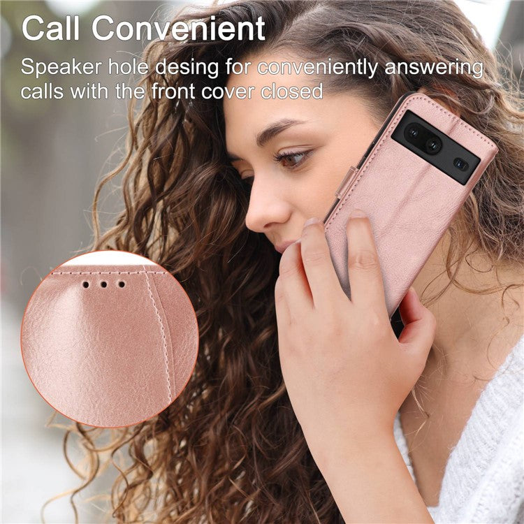 For Google Pixel 7 5G Stand Wallet PU Leather + TPU Phone Case Zipper Pocket Magnetic Closing Shell with Long / Short Straps - Rose Gold