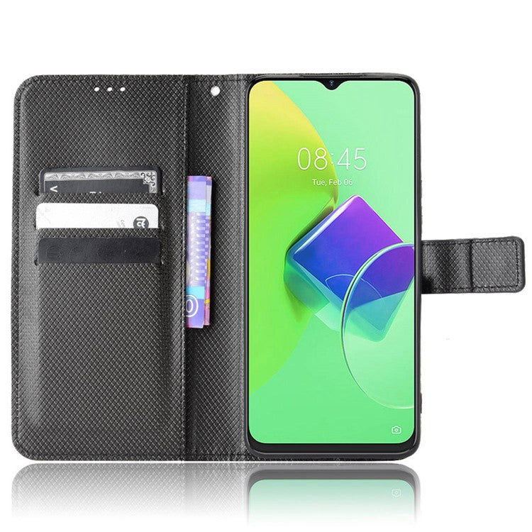 For TECNO Spark 9 Pro 4G (KH7) / Spark 9T 4G PU Leather Case Wallet Stand Diamond Texture Flip Case with Strap - Black