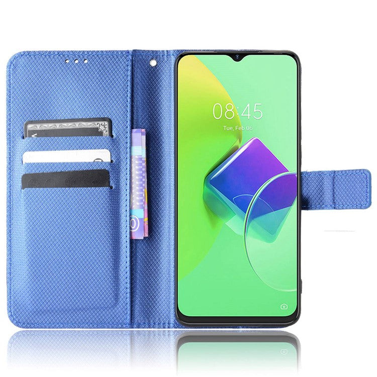 For TECNO Spark 9 Pro 4G (KH7) / Spark 9T 4G PU Leather Case Wallet Stand Diamond Texture Flip Case with Strap - Blue