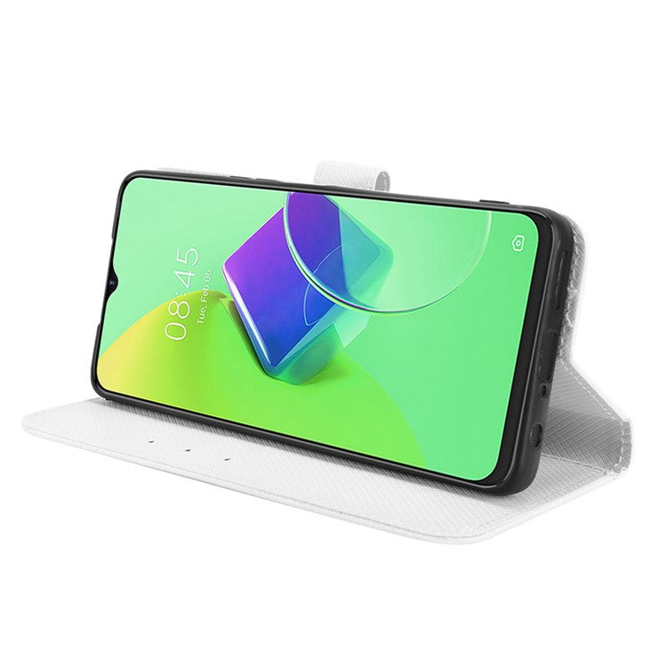 For TECNO Spark 9 Pro 4G (KH7) / Spark 9T 4G PU Leather Case Wallet Stand Diamond Texture Flip Case with Strap - White