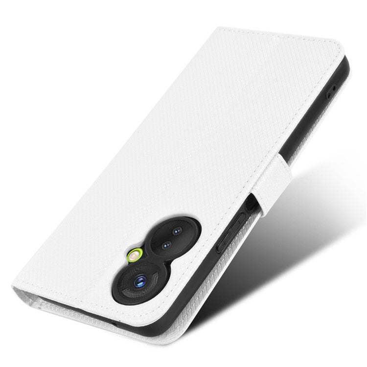 For TECNO Spark 9 Pro 4G (KH7) / Spark 9T 4G PU Leather Case Wallet Stand Diamond Texture Flip Case with Strap - White