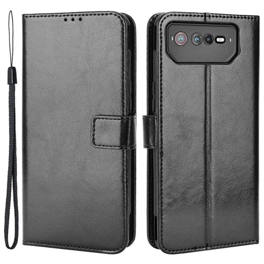 For Asus ROG Phone 6 5G / Phone 6 Pro 5G Crazy Horse Texture Wallet Case PU Leather Stand Wrist Strap Inner TPU Shockproof Flip Cover - Black