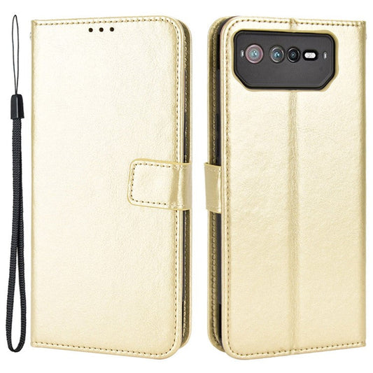 For Asus ROG Phone 6 5G / Phone 6 Pro 5G Crazy Horse Texture Wallet Case PU Leather Stand Wrist Strap Inner TPU Shockproof Flip Cover - Gold