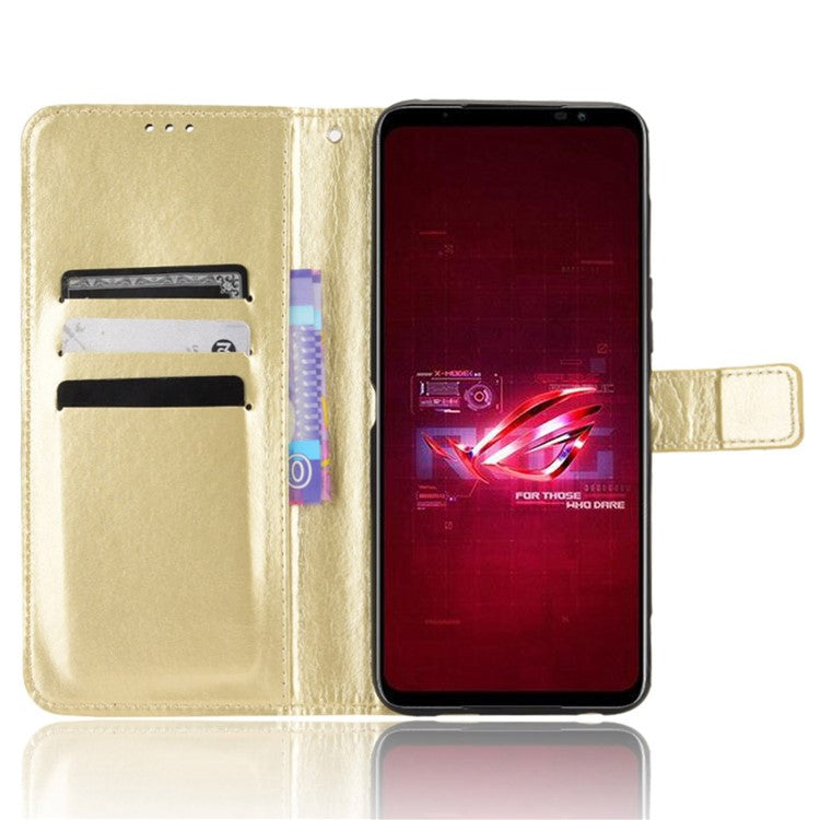 For Asus ROG Phone 6 5G / Phone 6 Pro 5G Crazy Horse Texture Wallet Case PU Leather Stand Wrist Strap Inner TPU Shockproof Flip Cover - Gold