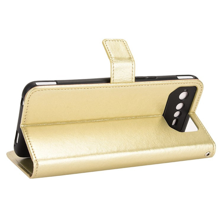 For Asus ROG Phone 6 5G / Phone 6 Pro 5G Crazy Horse Texture Wallet Case PU Leather Stand Wrist Strap Inner TPU Shockproof Flip Cover - Gold
