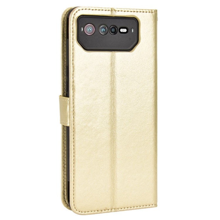 For Asus ROG Phone 6 5G / Phone 6 Pro 5G Crazy Horse Texture Wallet Case PU Leather Stand Wrist Strap Inner TPU Shockproof Flip Cover - Gold