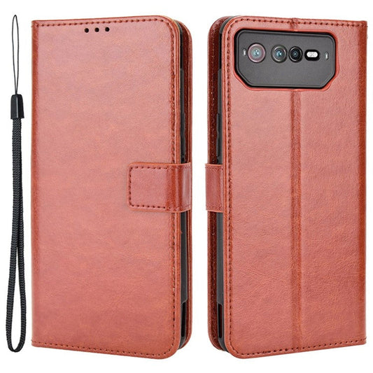 For Asus ROG Phone 6 5G / Phone 6 Pro 5G Crazy Horse Texture Wallet Case PU Leather Stand Wrist Strap Inner TPU Shockproof Flip Cover - Brown