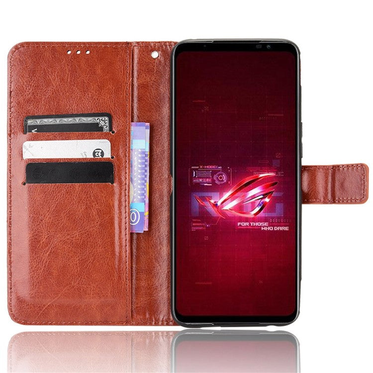 For Asus ROG Phone 6 5G / Phone 6 Pro 5G Crazy Horse Texture Wallet Case PU Leather Stand Wrist Strap Inner TPU Shockproof Flip Cover - Brown