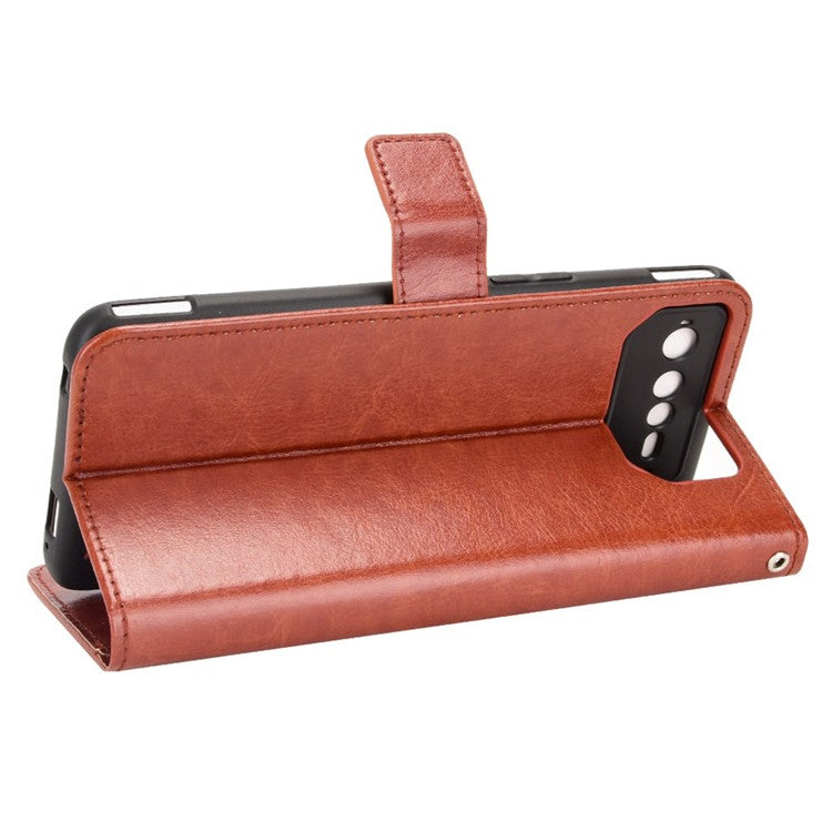 For Asus ROG Phone 6 5G / Phone 6 Pro 5G Crazy Horse Texture Wallet Case PU Leather Stand Wrist Strap Inner TPU Shockproof Flip Cover - Brown