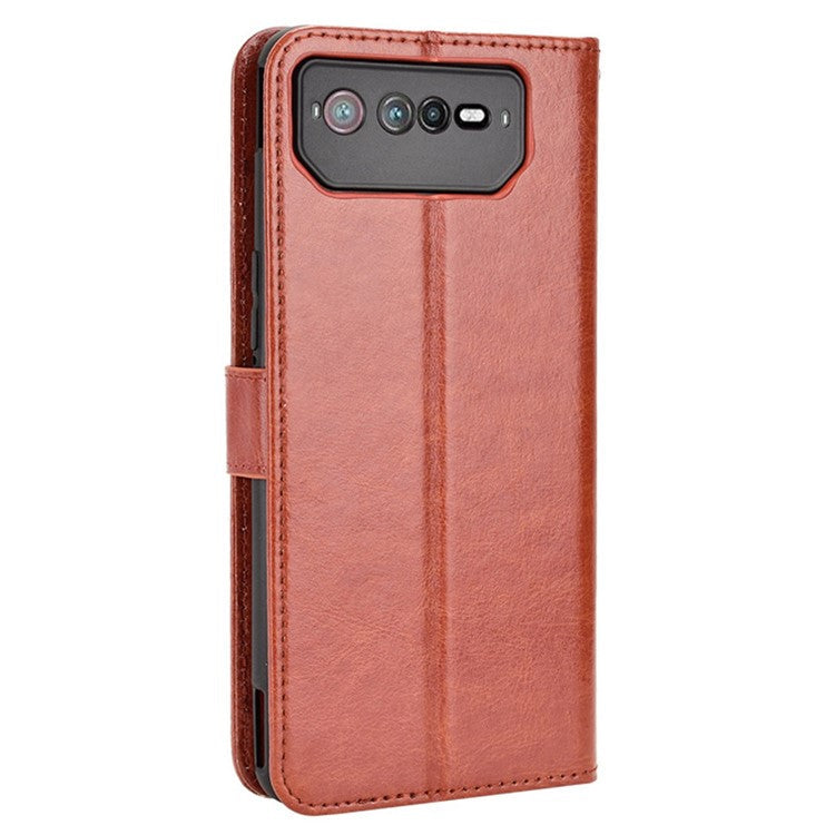 For Asus ROG Phone 6 5G / Phone 6 Pro 5G Crazy Horse Texture Wallet Case PU Leather Stand Wrist Strap Inner TPU Shockproof Flip Cover - Brown