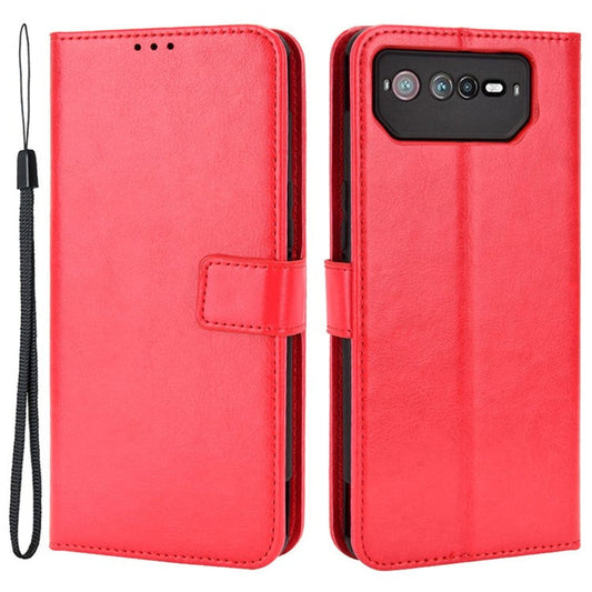For Asus ROG Phone 6 5G / Phone 6 Pro 5G Crazy Horse Texture Wallet Case PU Leather Stand Wrist Strap Inner TPU Shockproof Flip Cover - Red