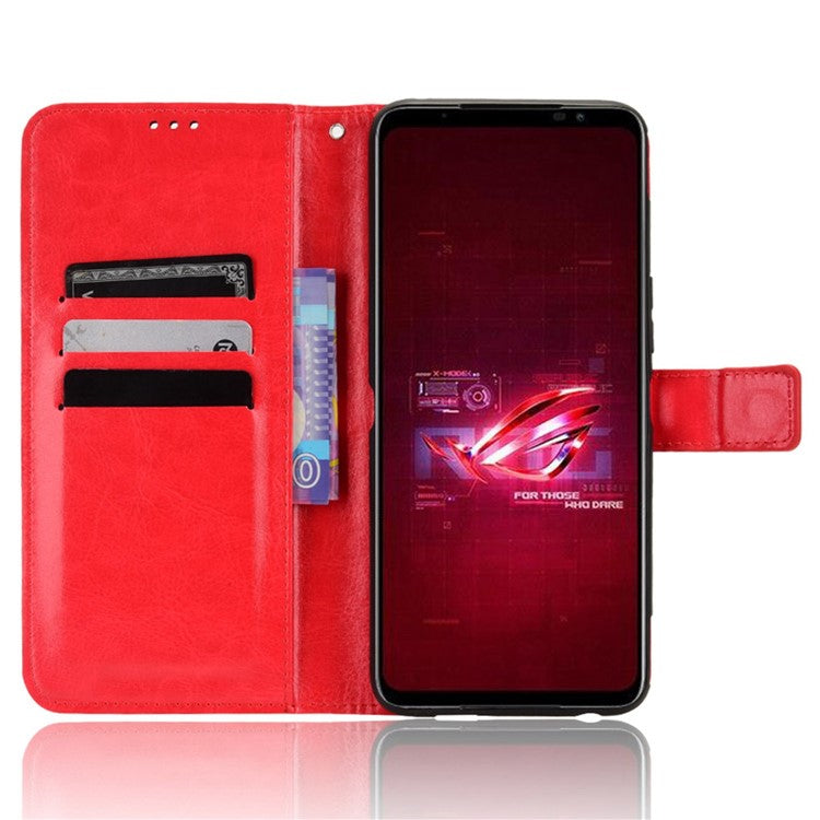 For Asus ROG Phone 6 5G / Phone 6 Pro 5G Crazy Horse Texture Wallet Case PU Leather Stand Wrist Strap Inner TPU Shockproof Flip Cover - Red