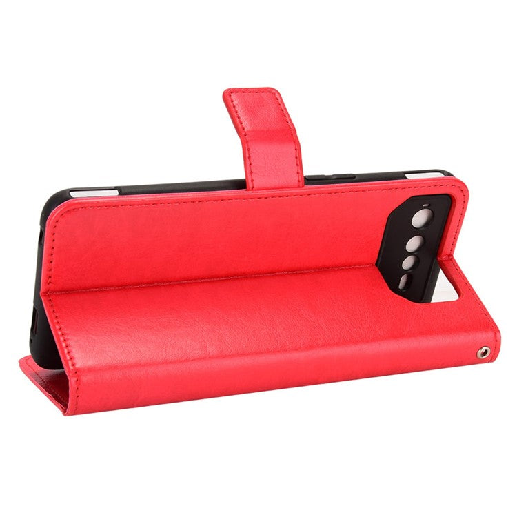 For Asus ROG Phone 6 5G / Phone 6 Pro 5G Crazy Horse Texture Wallet Case PU Leather Stand Wrist Strap Inner TPU Shockproof Flip Cover - Red