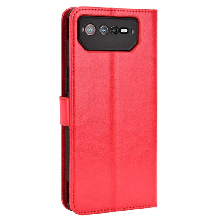 For Asus ROG Phone 6 5G / Phone 6 Pro 5G Crazy Horse Texture Wallet Case PU Leather Stand Wrist Strap Inner TPU Shockproof Flip Cover - Red