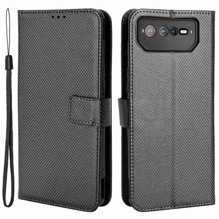 For Asus ROG Phone 6 5G / Phone 6 Pro 5G Diamond Texture Magnetic Closure Handbag PU Leather Stand Flip Wallet Case with Strap - Black