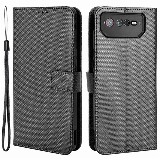 For Asus ROG Phone 6 5G / Phone 6 Pro 5G Diamond Texture Magnetic Closure Handbag PU Leather Stand Flip Wallet Case with Strap - Black
