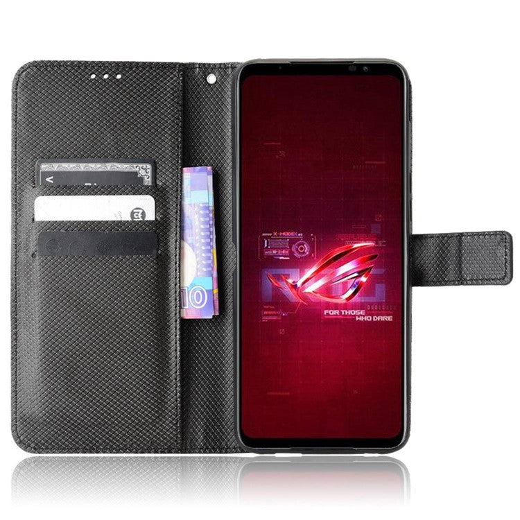 For Asus ROG Phone 6 5G / Phone 6 Pro 5G Diamond Texture Magnetic Closure Handbag PU Leather Stand Flip Wallet Case with Strap - Black