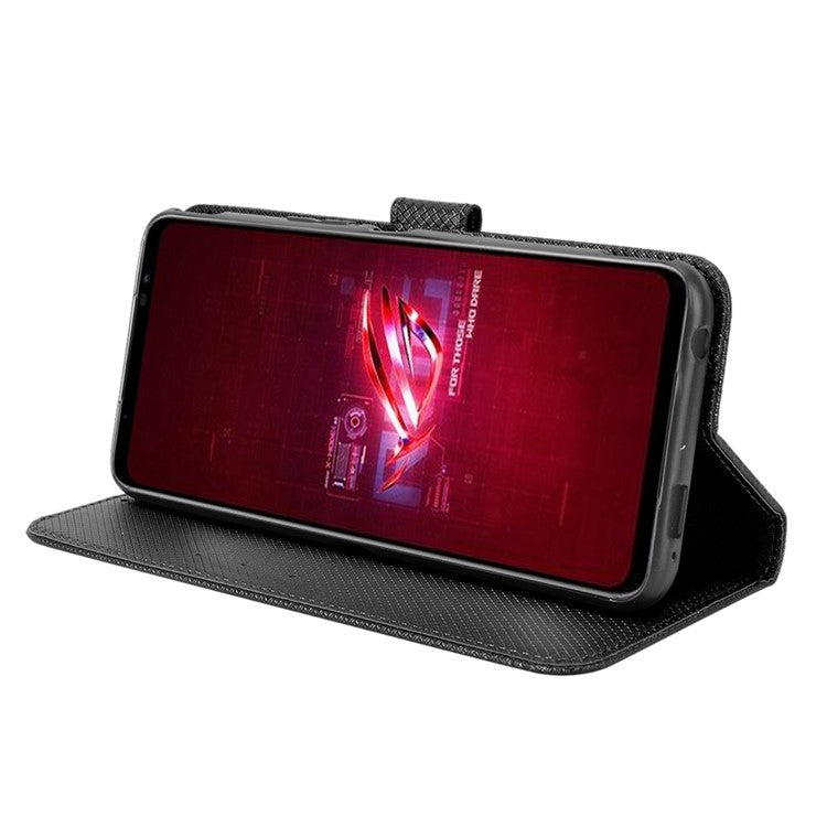 For Asus ROG Phone 6 5G / Phone 6 Pro 5G Diamond Texture Magnetic Closure Handbag PU Leather Stand Flip Wallet Case with Strap - Black