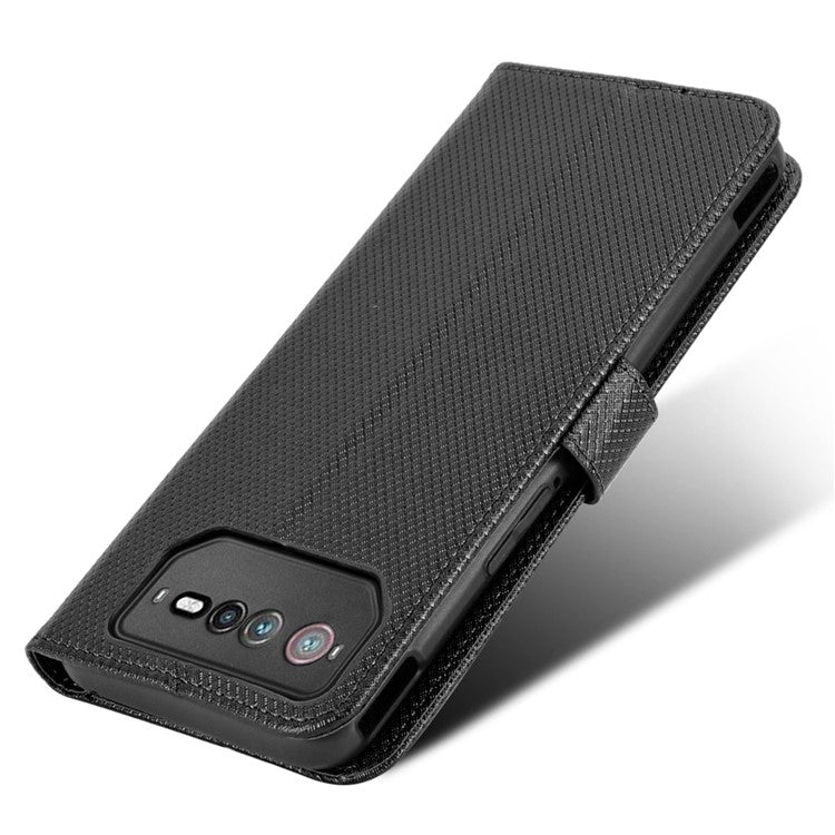 For Asus ROG Phone 6 5G / Phone 6 Pro 5G Diamond Texture Magnetic Closure Handbag PU Leather Stand Flip Wallet Case with Strap - Black