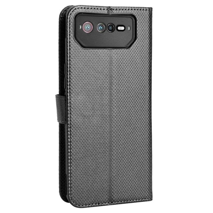 For Asus ROG Phone 6 5G / Phone 6 Pro 5G Diamond Texture Magnetic Closure Handbag PU Leather Stand Flip Wallet Case with Strap - Black