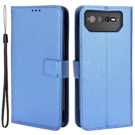 For Asus ROG Phone 6 5G / Phone 6 Pro 5G Diamond Texture Magnetic Closure Handbag PU Leather Stand Flip Wallet Case with Strap - Blue