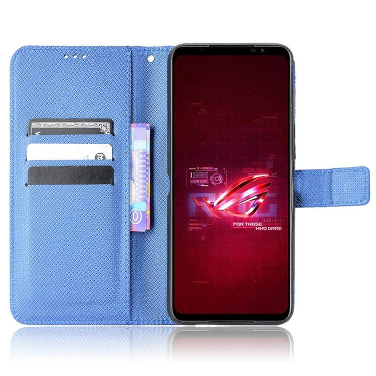 For Asus ROG Phone 6 5G / Phone 6 Pro 5G Diamond Texture Magnetic Closure Handbag PU Leather Stand Flip Wallet Case with Strap - Blue