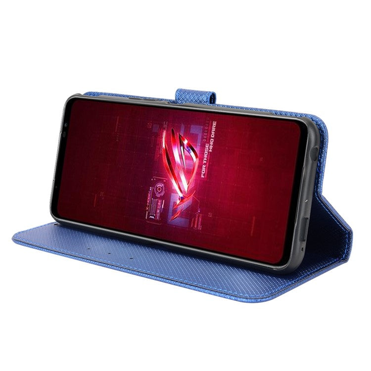 For Asus ROG Phone 6 5G / Phone 6 Pro 5G Diamond Texture Magnetic Closure Handbag PU Leather Stand Flip Wallet Case with Strap - Blue
